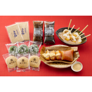 ミニあくまき、ぢゃんぼ餅、からいも餅、よもぎあんこ餅セット